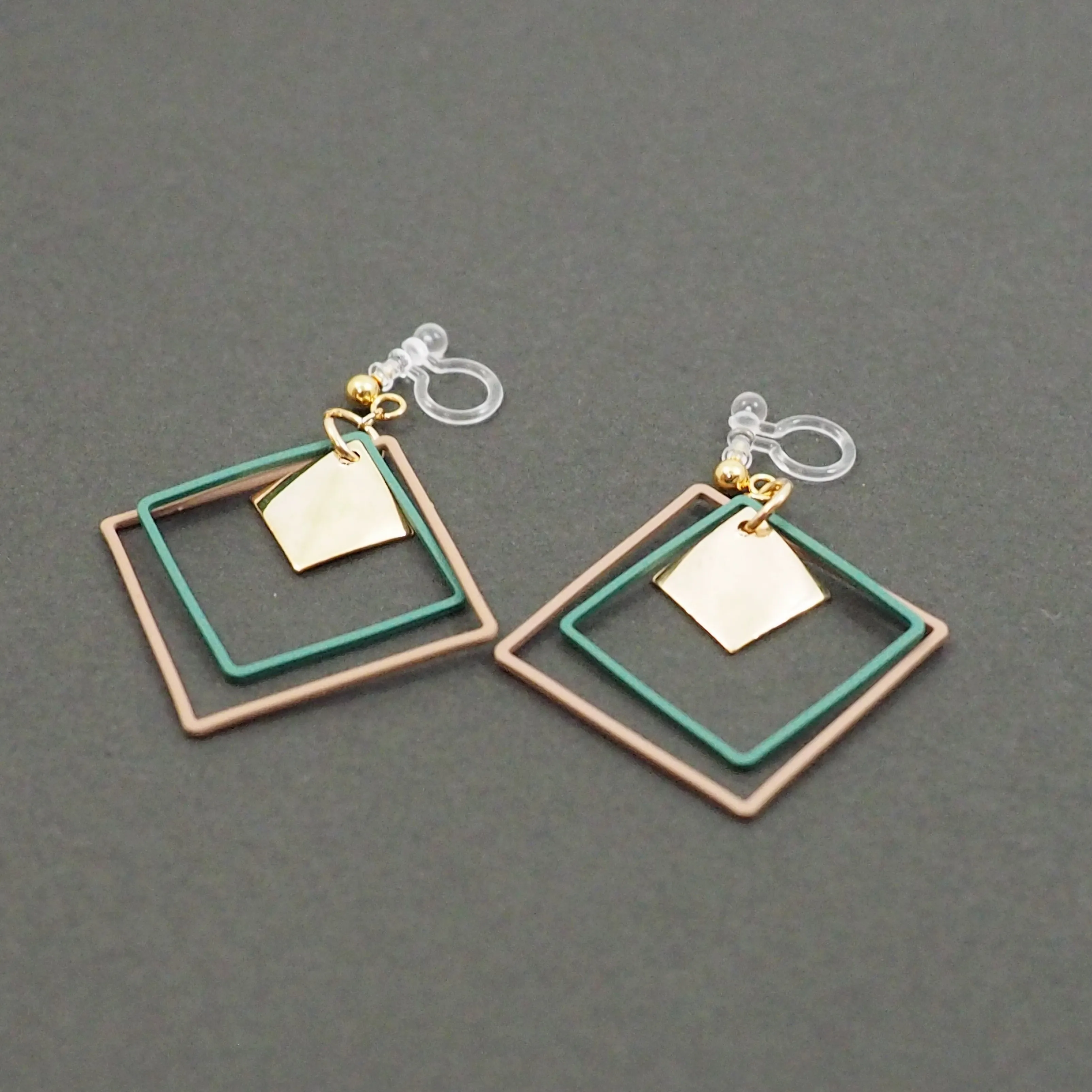 Green and Beige Square Hoop Invisible Clip On Earrings