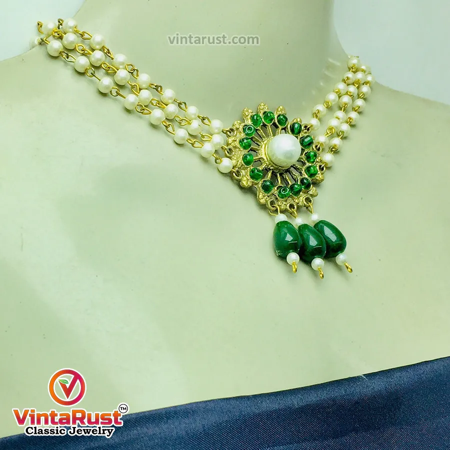 Green Stone and White Pearls Jewelry Set