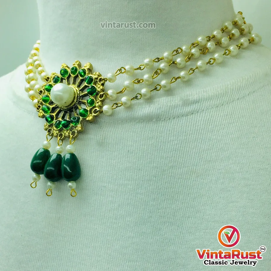 Green Stone and White Pearls Jewelry Set