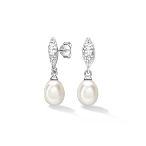 Hammered Marquise & White Freshwater Pearl Drop Earrings