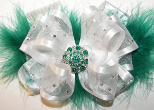 High Glitz White Green Marabou Hair Bow