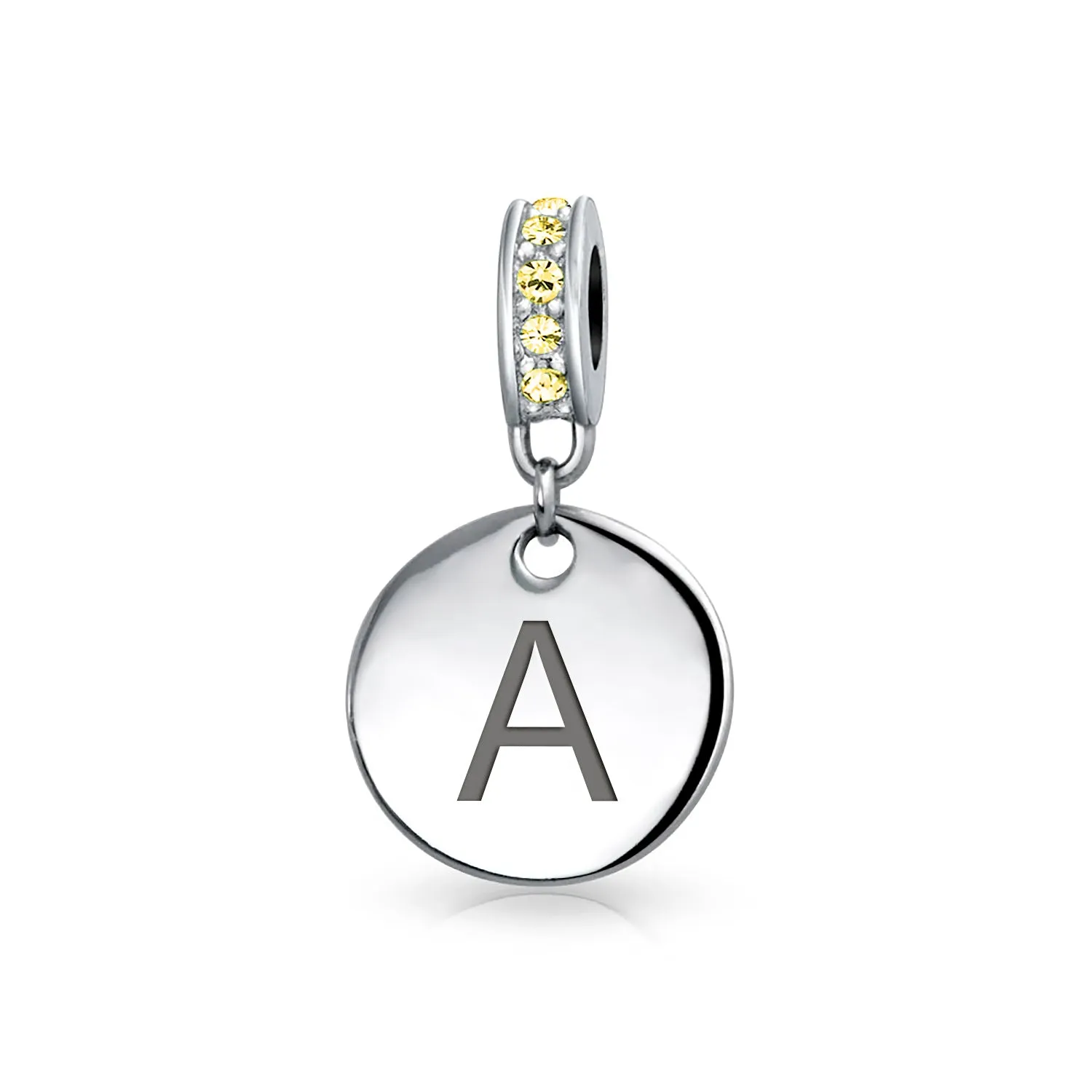 Initial Alphabet Bead Charm Yellow Crystal Accent Dangle for European Bracelet