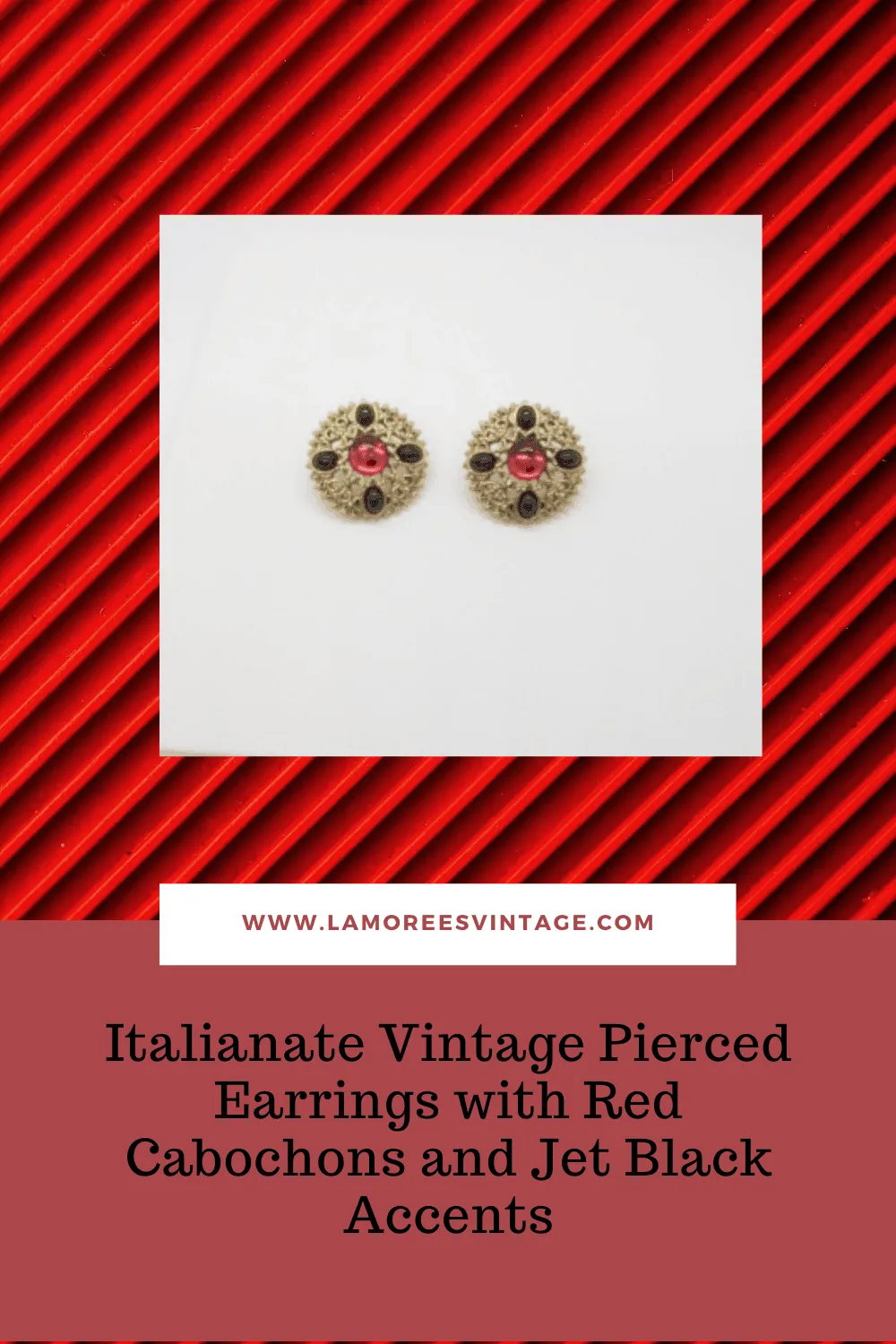 Italianate Vintage Pierced Earrings with Red Cabochons and Jet Accents