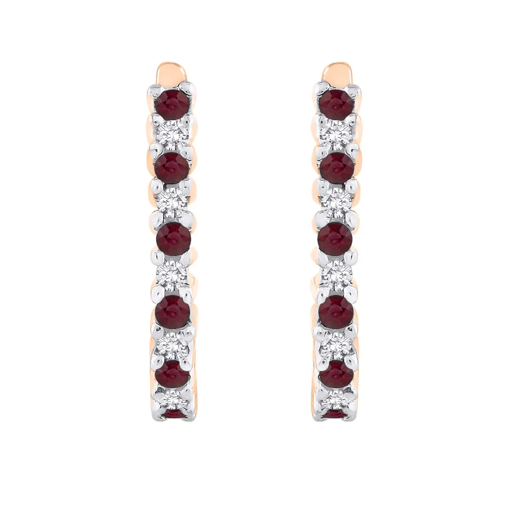 KATARINA Alternating Diamond with Ruby J-Hoop Earrings (1/3 cttw)