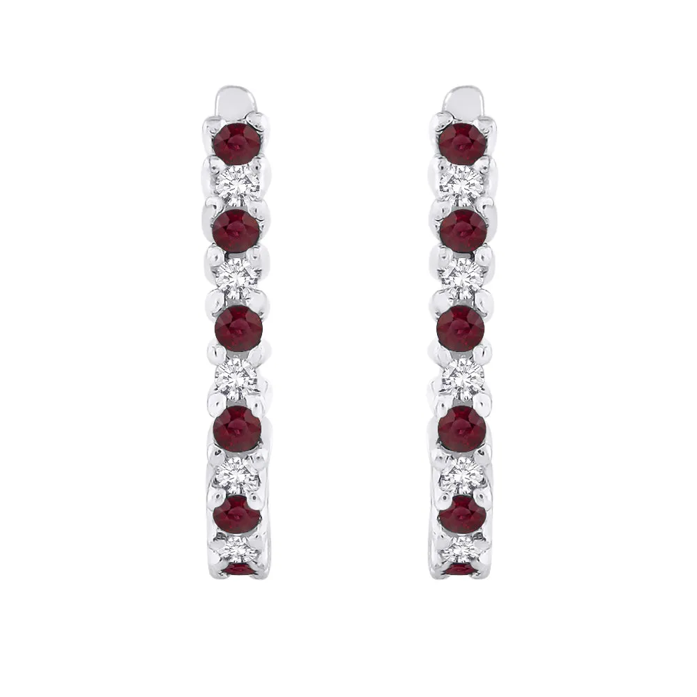 KATARINA Alternating Diamond with Ruby J-Hoop Earrings (1/3 cttw)