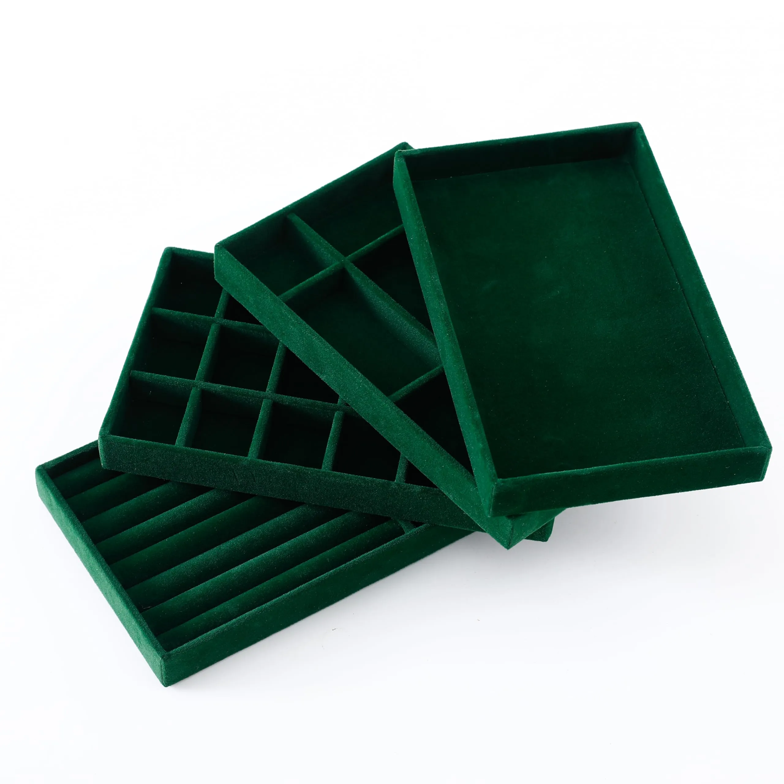 Kuber Industries 12 Pieces Velvet Jewelry Trays Organizer | Jewelry Storage Box | Jewelry Organizer | Showcase Holder Dresser Organizer for Earring Necklace Ring | Pack of 3 | YBL4-05 | Dark Green