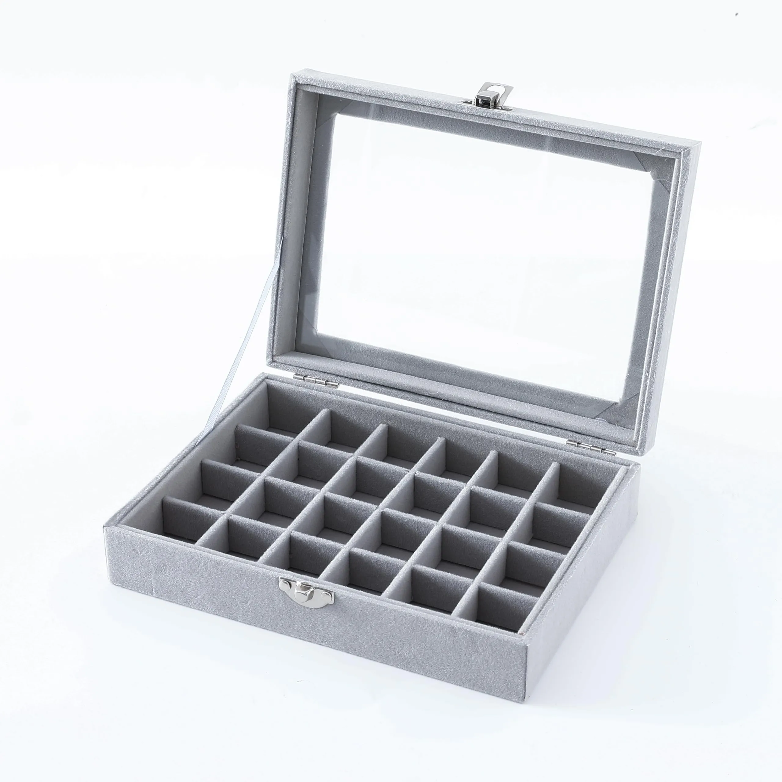 Kuber Industries 24 Grids Velvet Jewelry Box Organizer | Jewelry Storage Box | Jewelry Organizer | Showcase Holder Dresser Organizer for Earring Necklace Bracelet Ring | Pack of 3 | YBLG03 | Grey