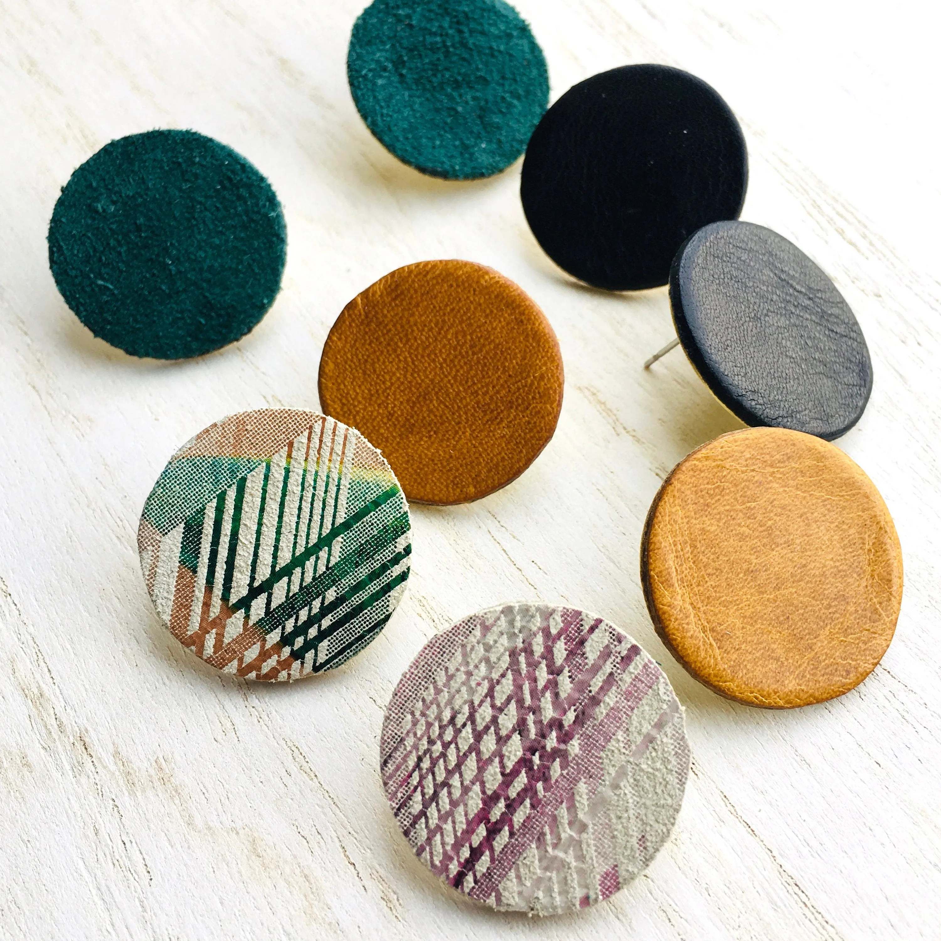 Large Circle Post Earring - Leather And Brushed Brass - Modern and Edgy With a Hint of Boho Style - Available in 40 Colors