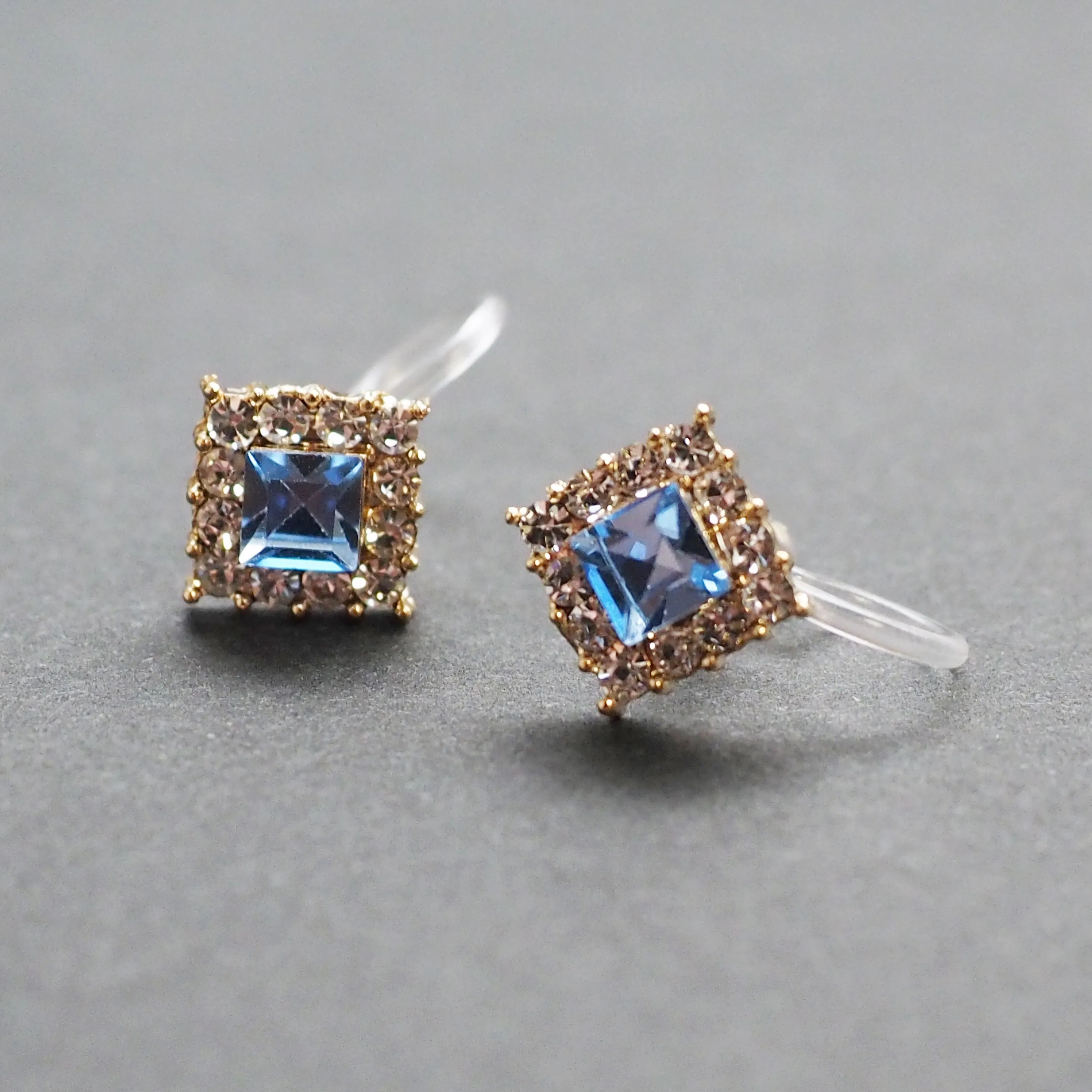 Light Blue Square Swarovski Invisible Clip On Earrings