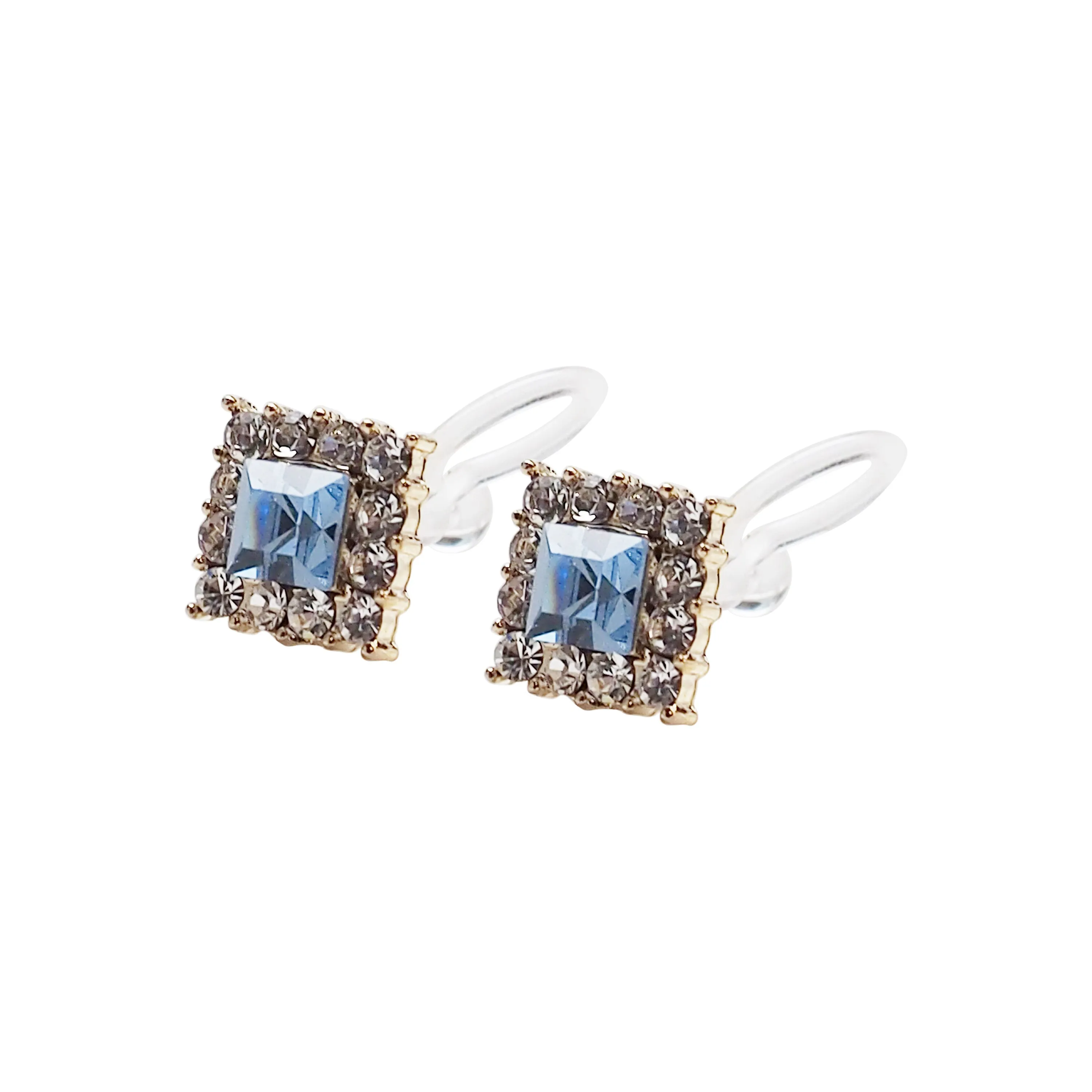 Light Blue Square Swarovski Invisible Clip On Earrings