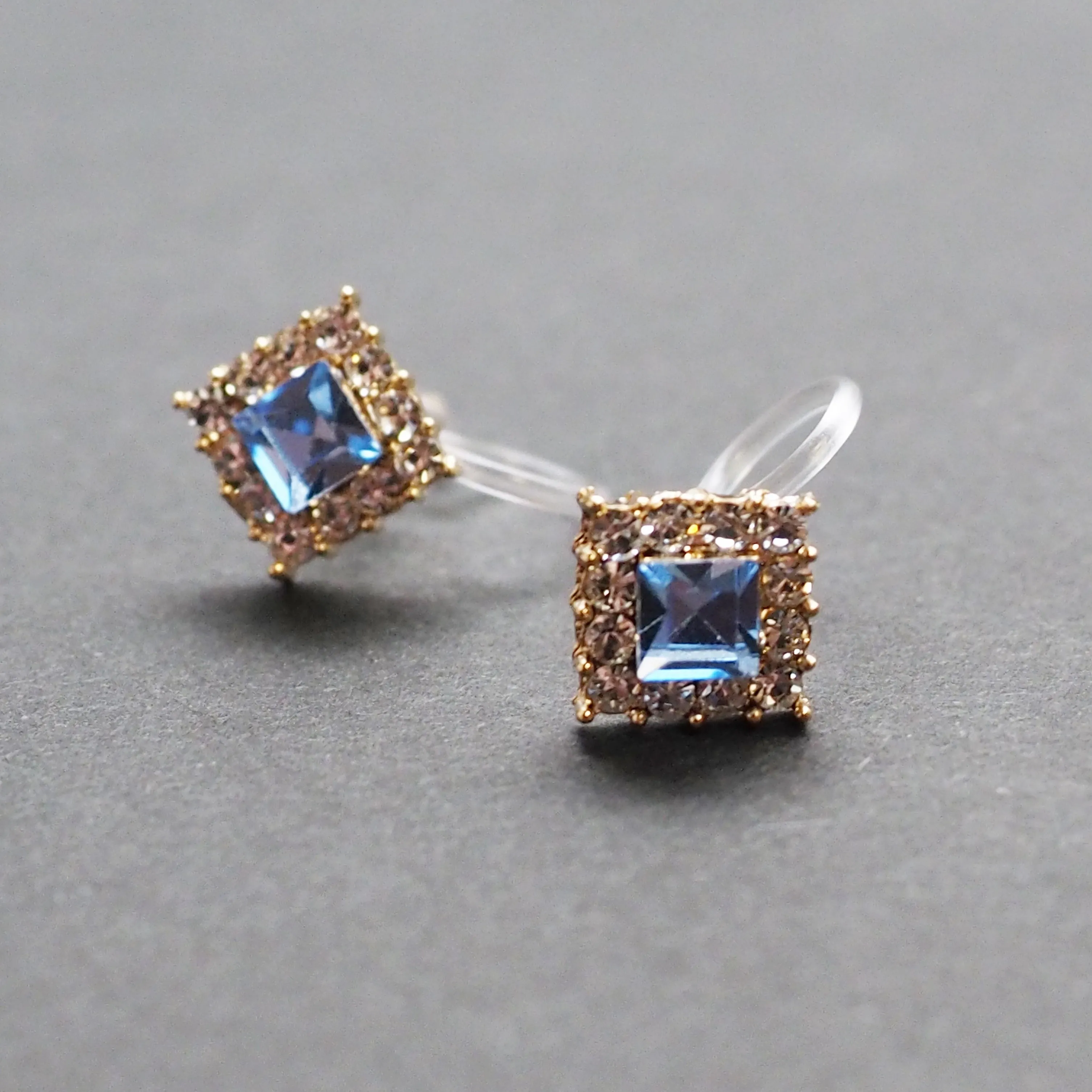 Light Blue Square Swarovski Invisible Clip On Earrings