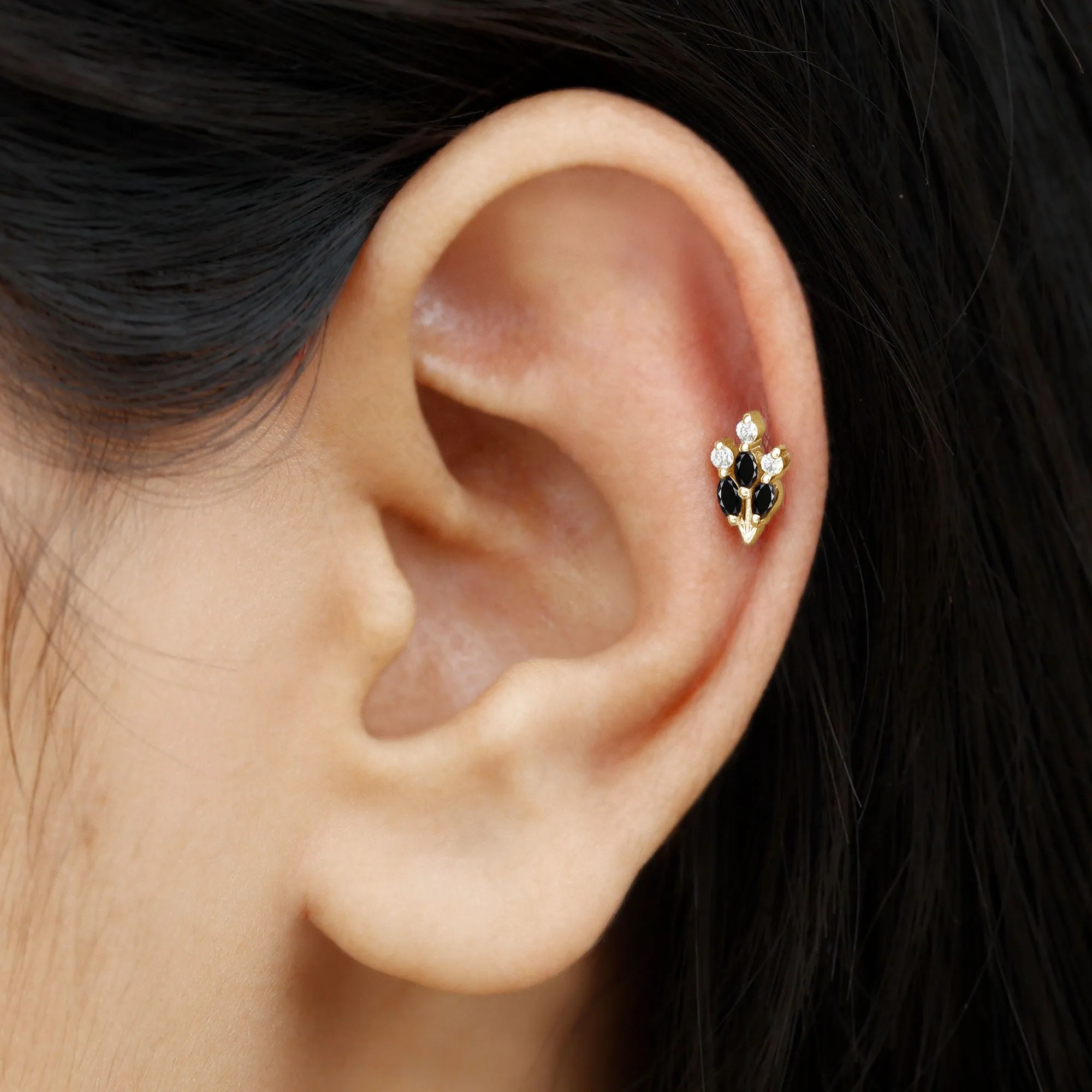 Marquise Black Onyx Leaf Cartilage Earring with Moissanite