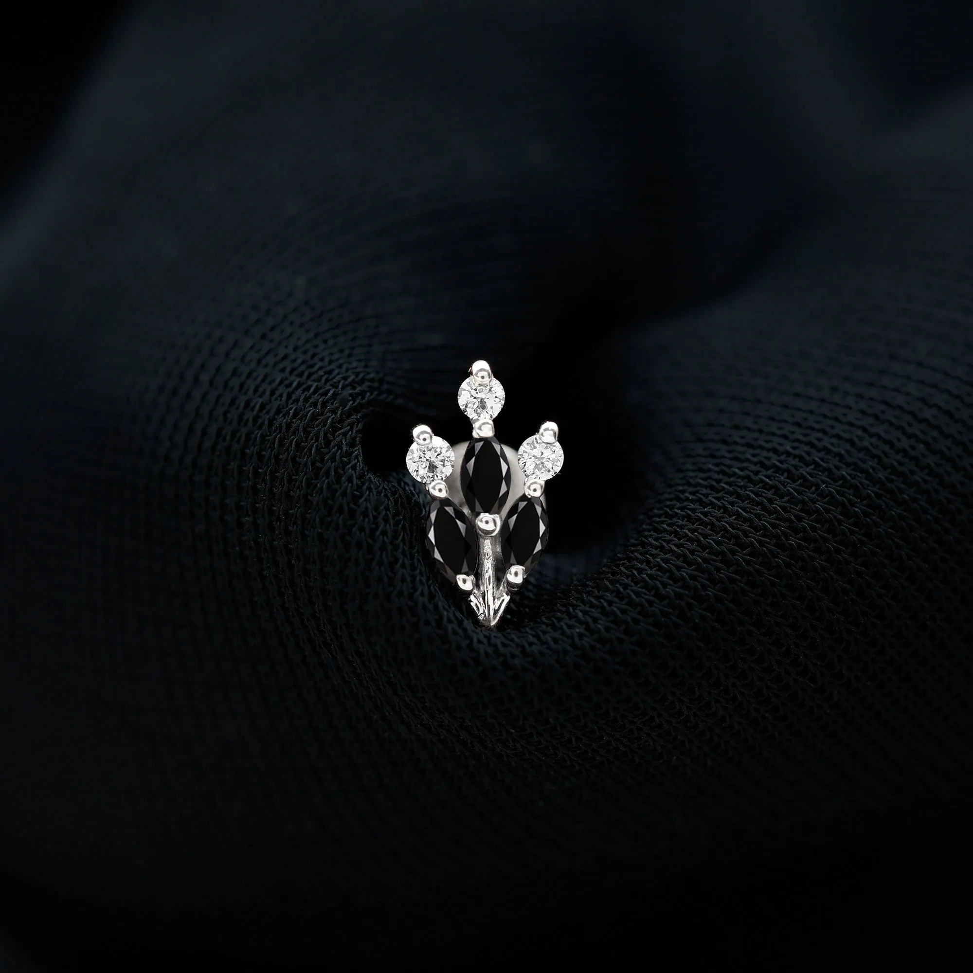 Marquise Black Onyx Leaf Cartilage Earring with Moissanite