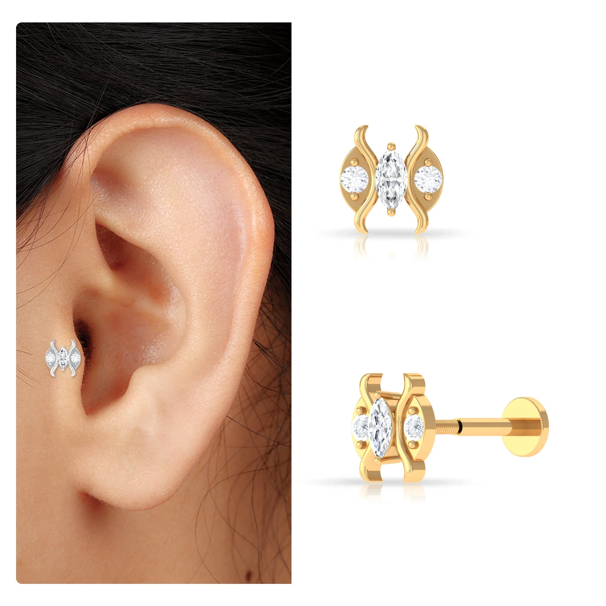 Marquise Moissanite Gothic Second Hole Earring in Gold