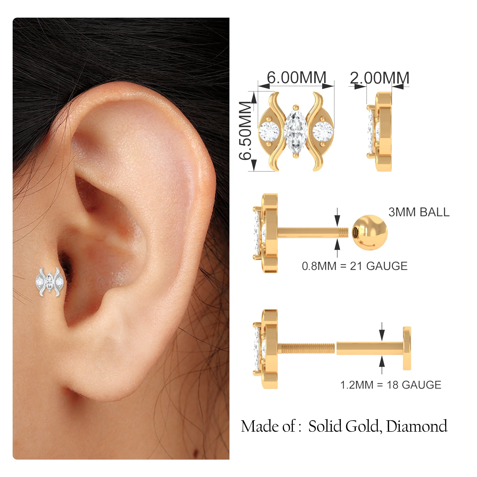 Marquise Moissanite Gothic Second Hole Earring in Gold