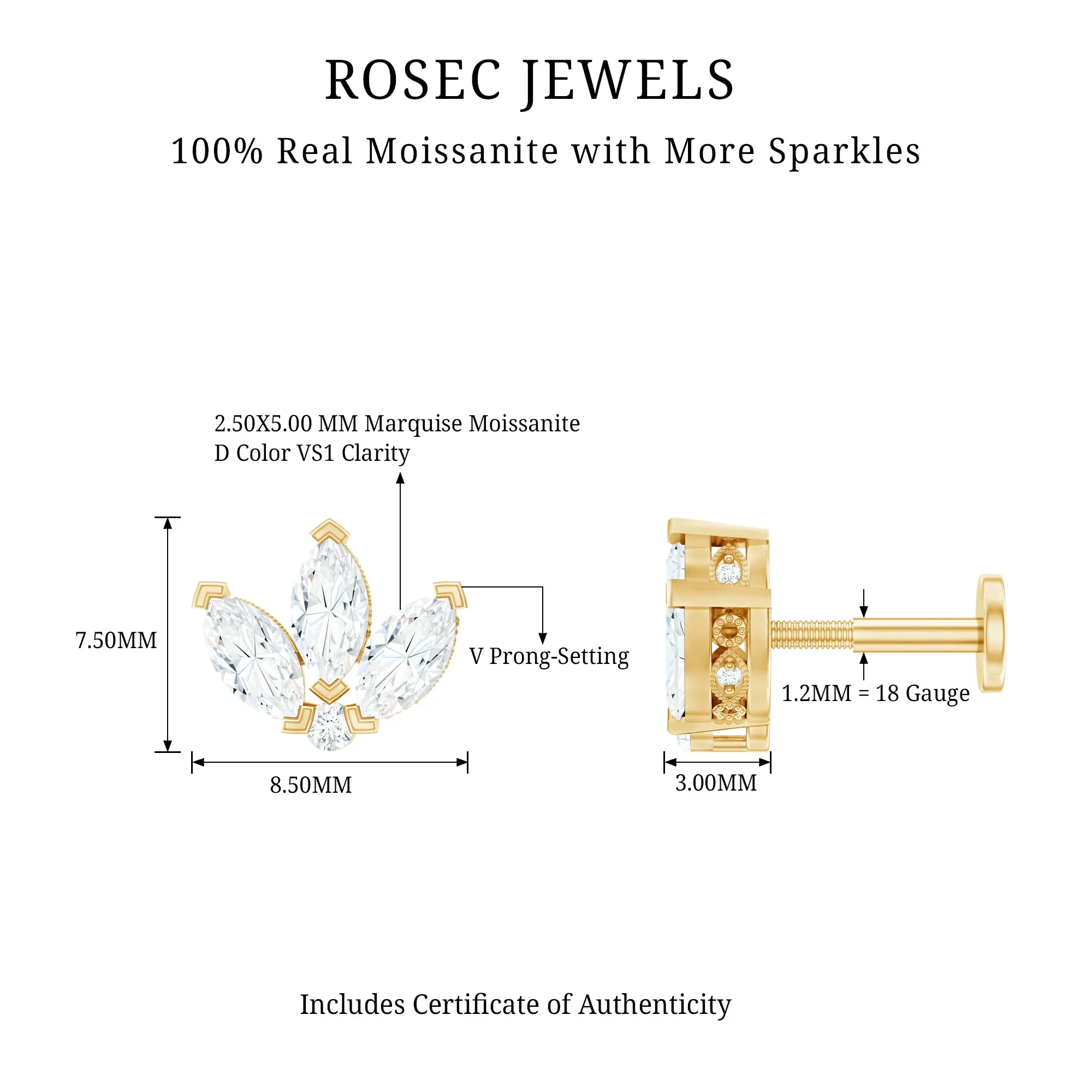 Marquise Moissanite Lotus Flower Earring for Cartilage Piercing