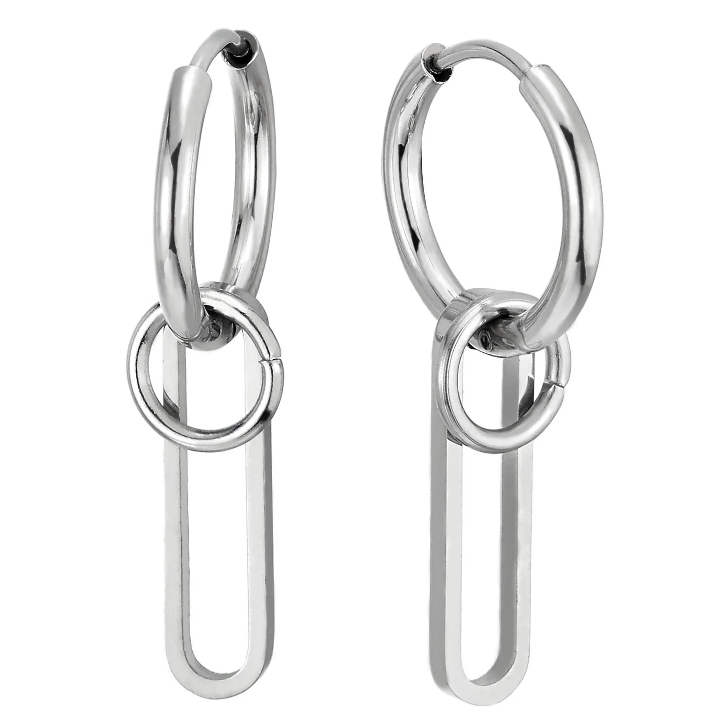 Mens Womens Stainless Steel Huggie Hinged Hoop Earrings with Drop Dangle Circle Oval Charm, 2 pcs