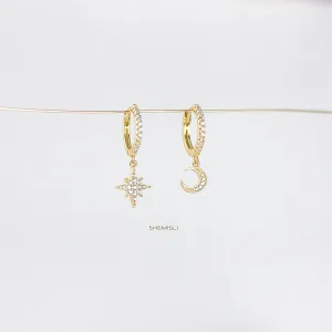 Mismatched Star Moon Hoop Earrings, Pave CZ Drop Huggies, Gold, Silver SHEMISLI - SH115