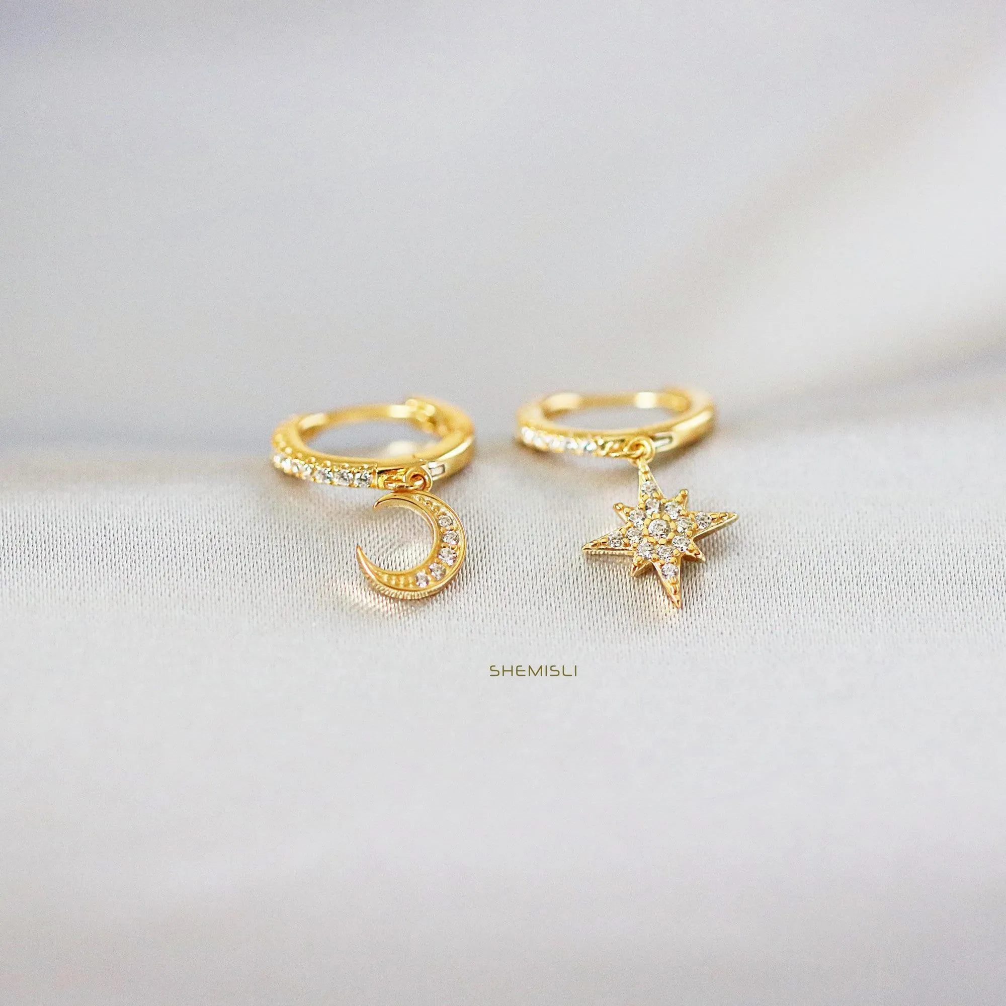 Mismatched Star Moon Hoop Earrings, Pave CZ Drop Huggies, Gold, Silver SHEMISLI - SH115