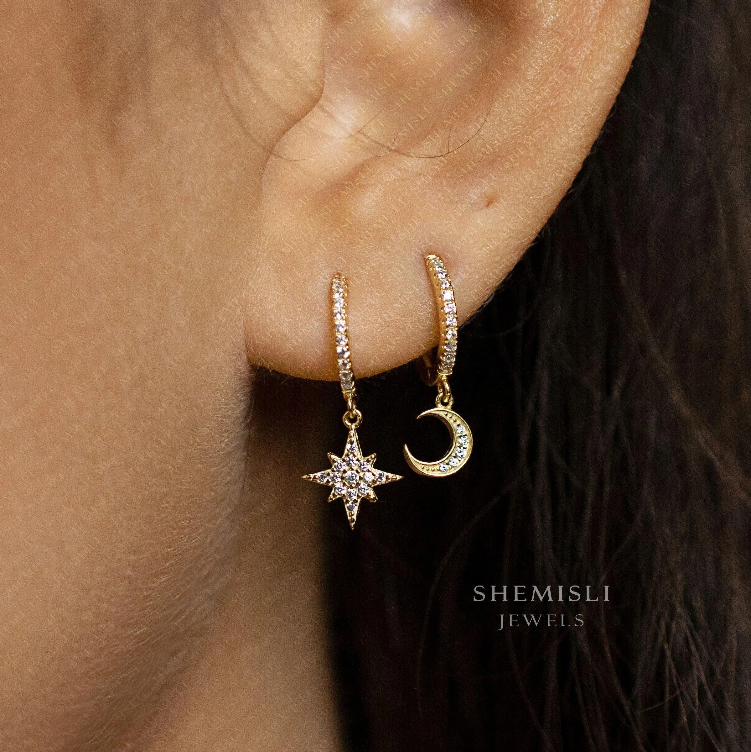 Mismatched Star Moon Hoop Earrings, Pave CZ Drop Huggies, Gold, Silver SHEMISLI - SH115