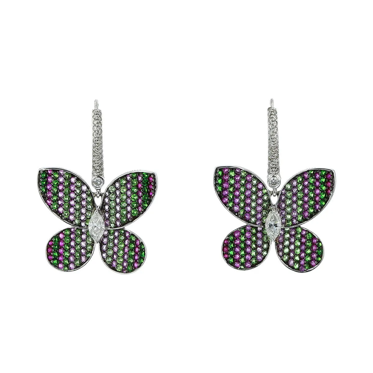 Multi-Gemstone Butterfly 18K White Gold Drop Earrings