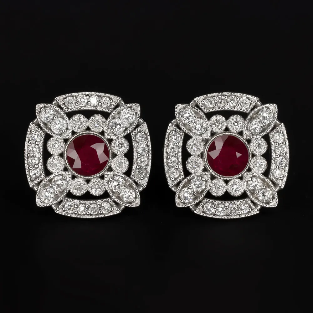 NATURAL RUBY DIAMOND STUD EARRINGS ART DECO VINTAGE STYLE 14k WHITE GOLD RED