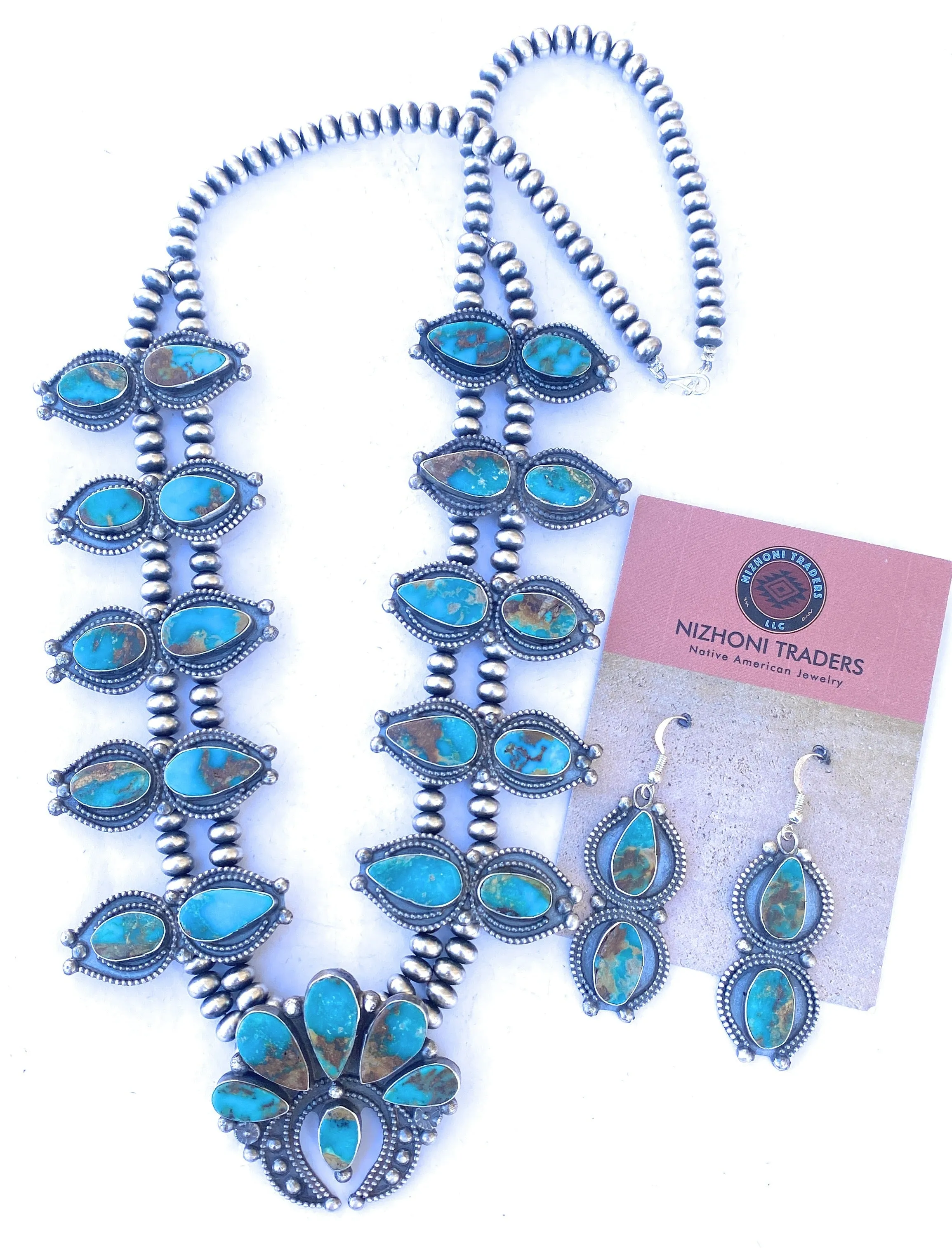 Navajo Sterling Silver & Royston Turquoise Squash Necklace Set Signed