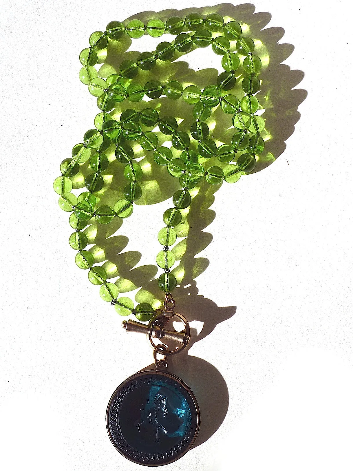 Necklace Intaglio On 30 Inch Glass Bead Deep Green Turquoise