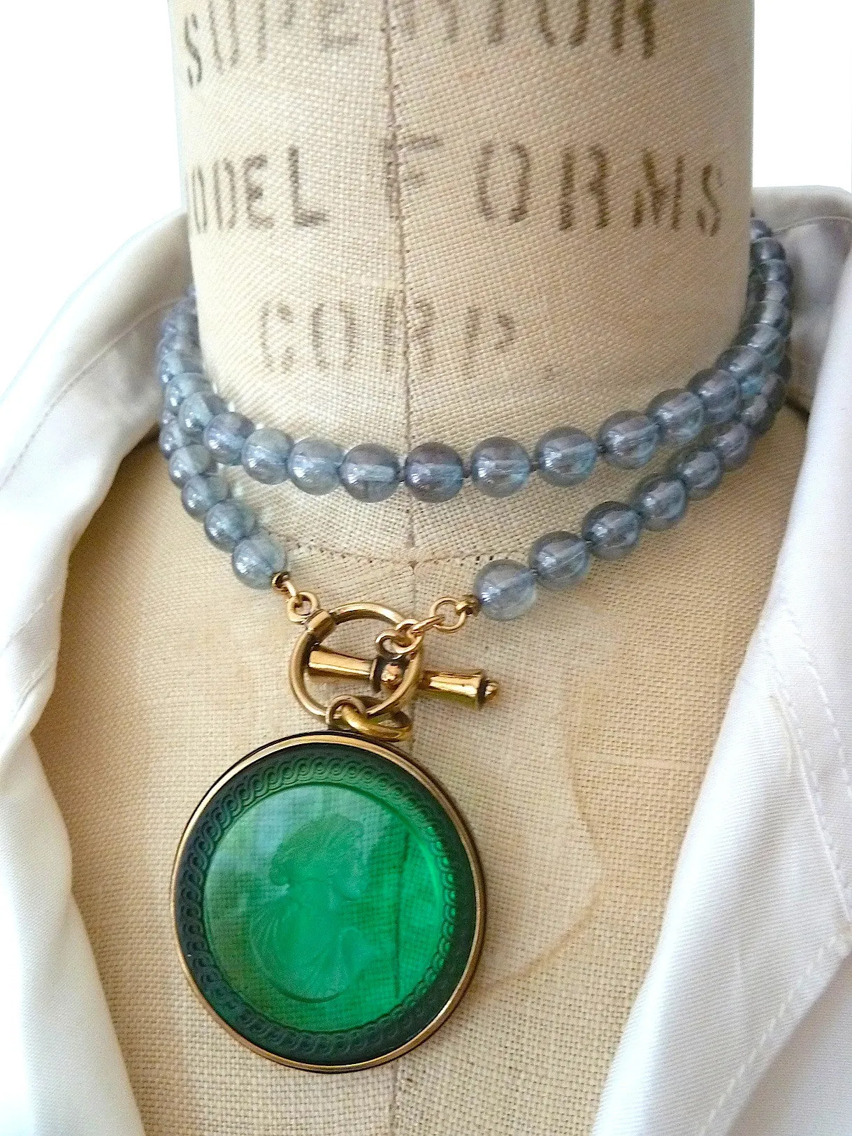 Necklace Intaglio On 30 Inch Glass Bead Deep Green Turquoise