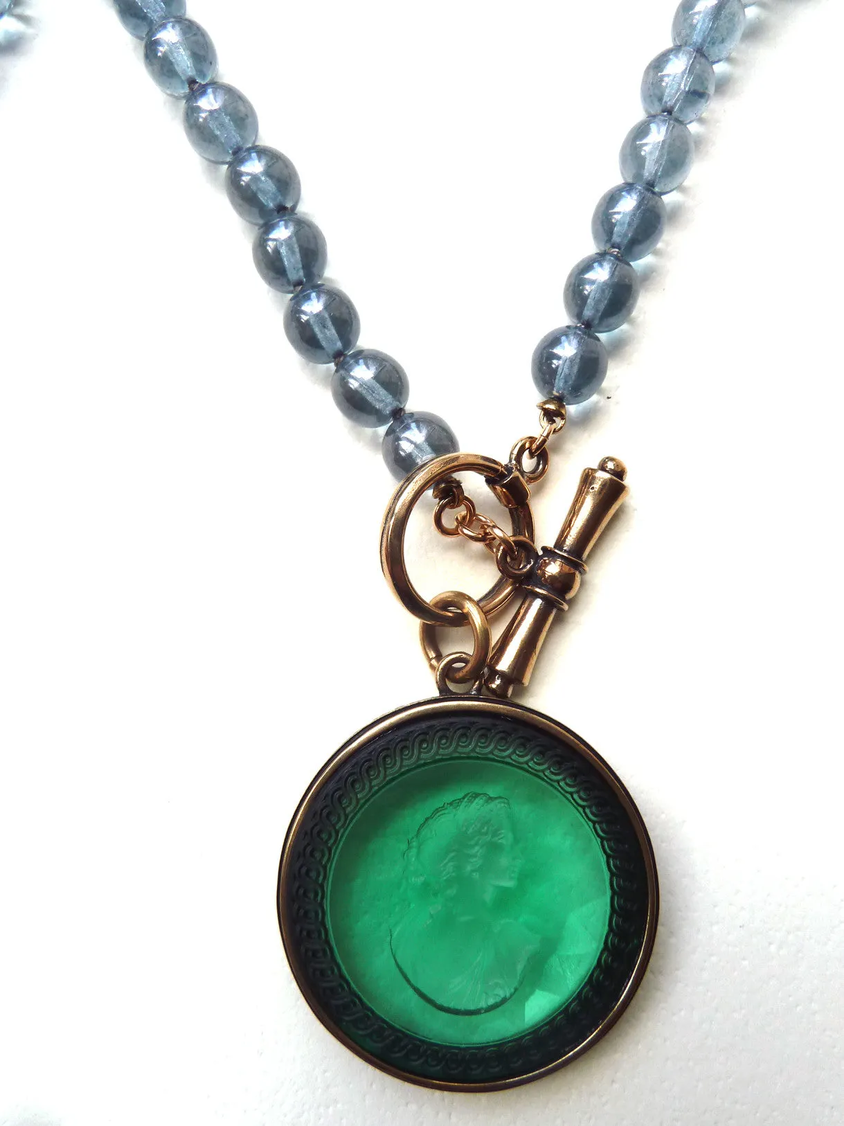 Necklace Intaglio On 30 Inch Glass Bead Deep Green Turquoise