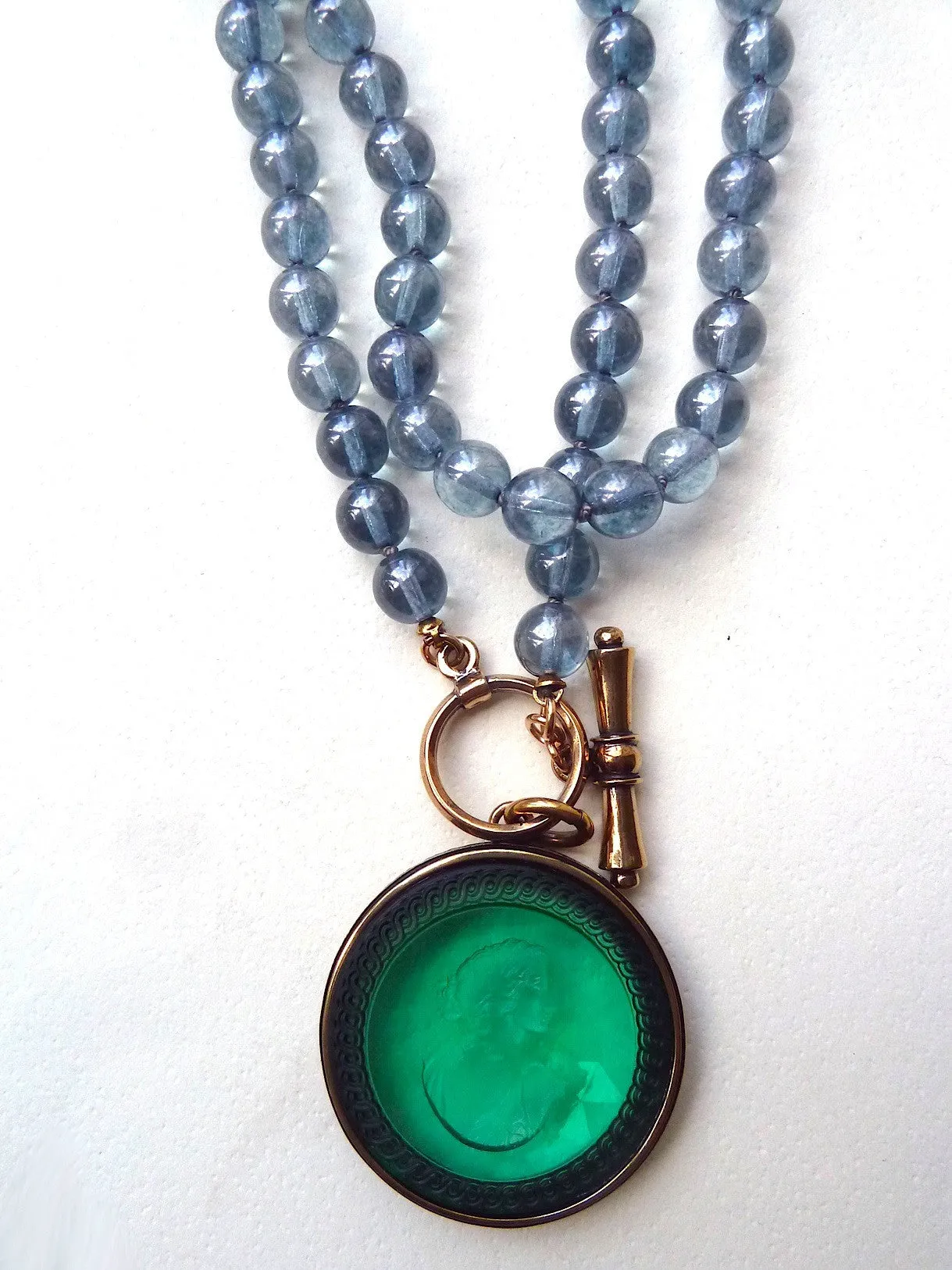 Necklace Intaglio On 30 Inch Glass Bead Deep Green Turquoise