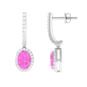 Oval Pink Sapphire and Diamond Hoop Drop Earrings