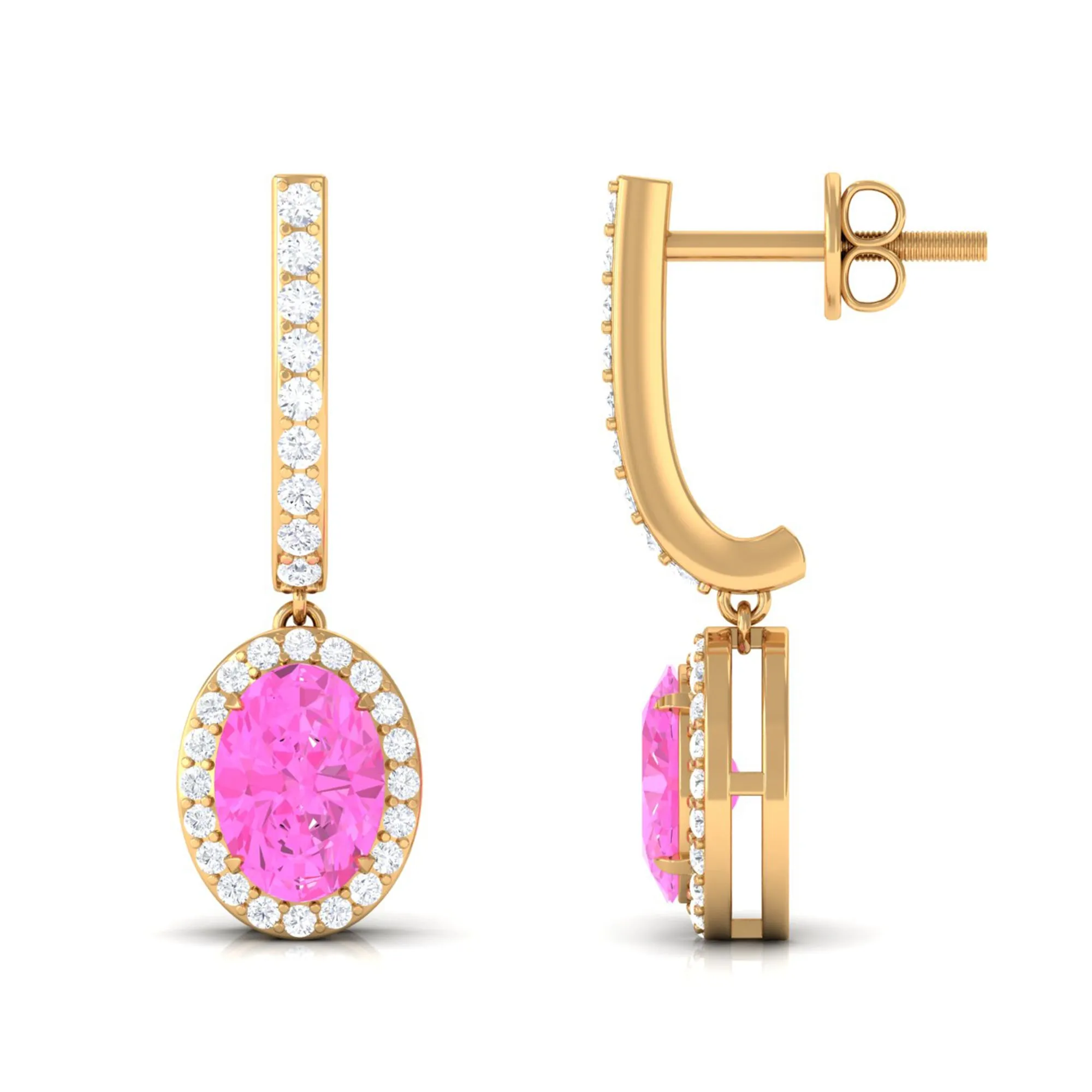 Oval Pink Sapphire and Diamond Hoop Drop Earrings