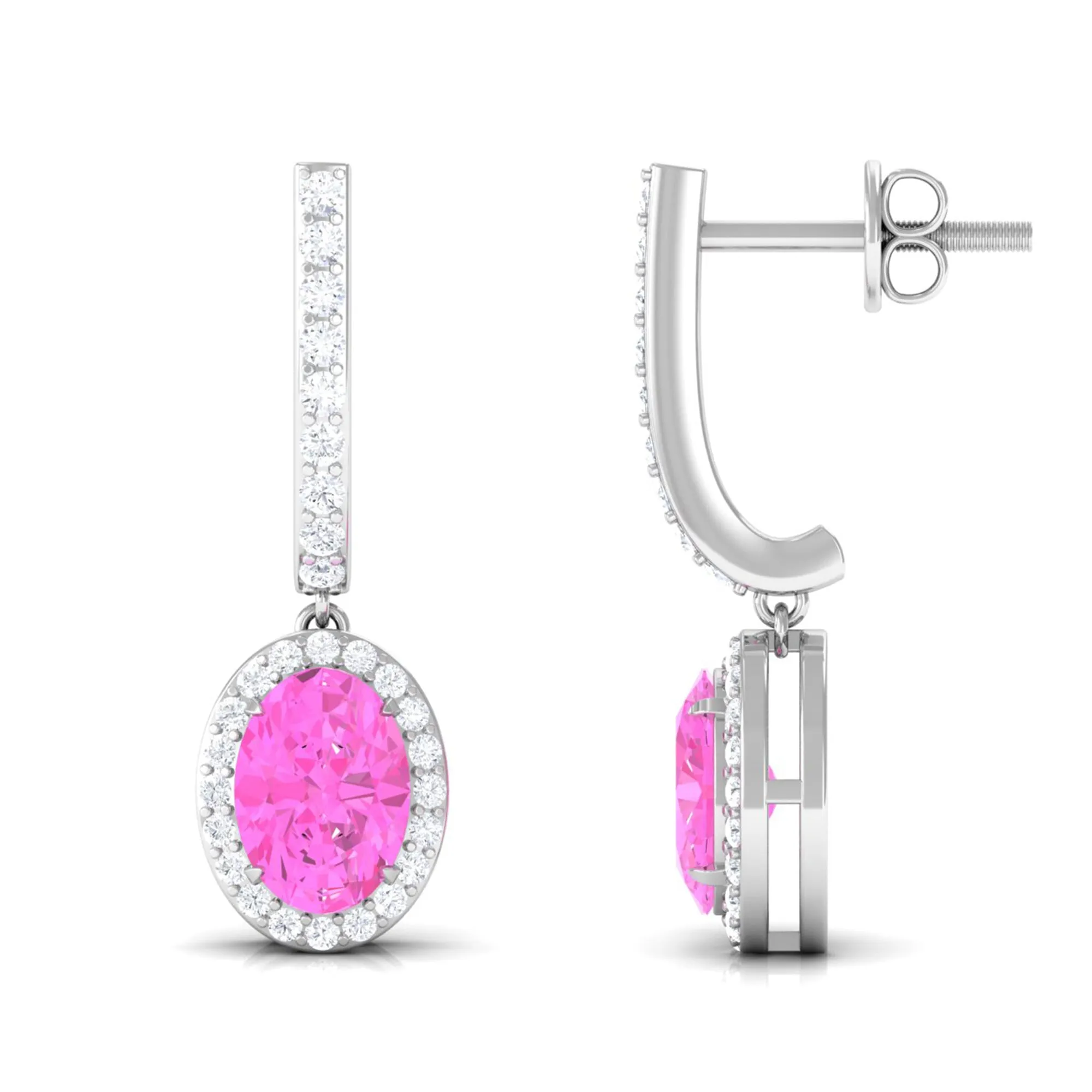 Oval Pink Sapphire and Diamond Hoop Drop Earrings