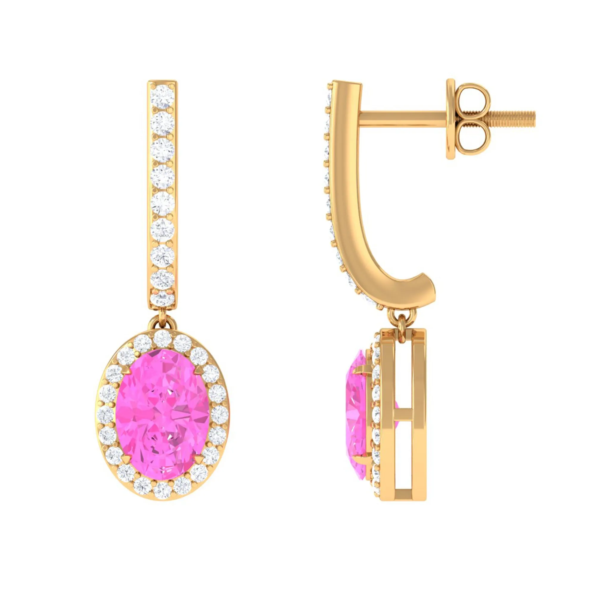 Oval Pink Sapphire and Diamond Hoop Drop Earrings