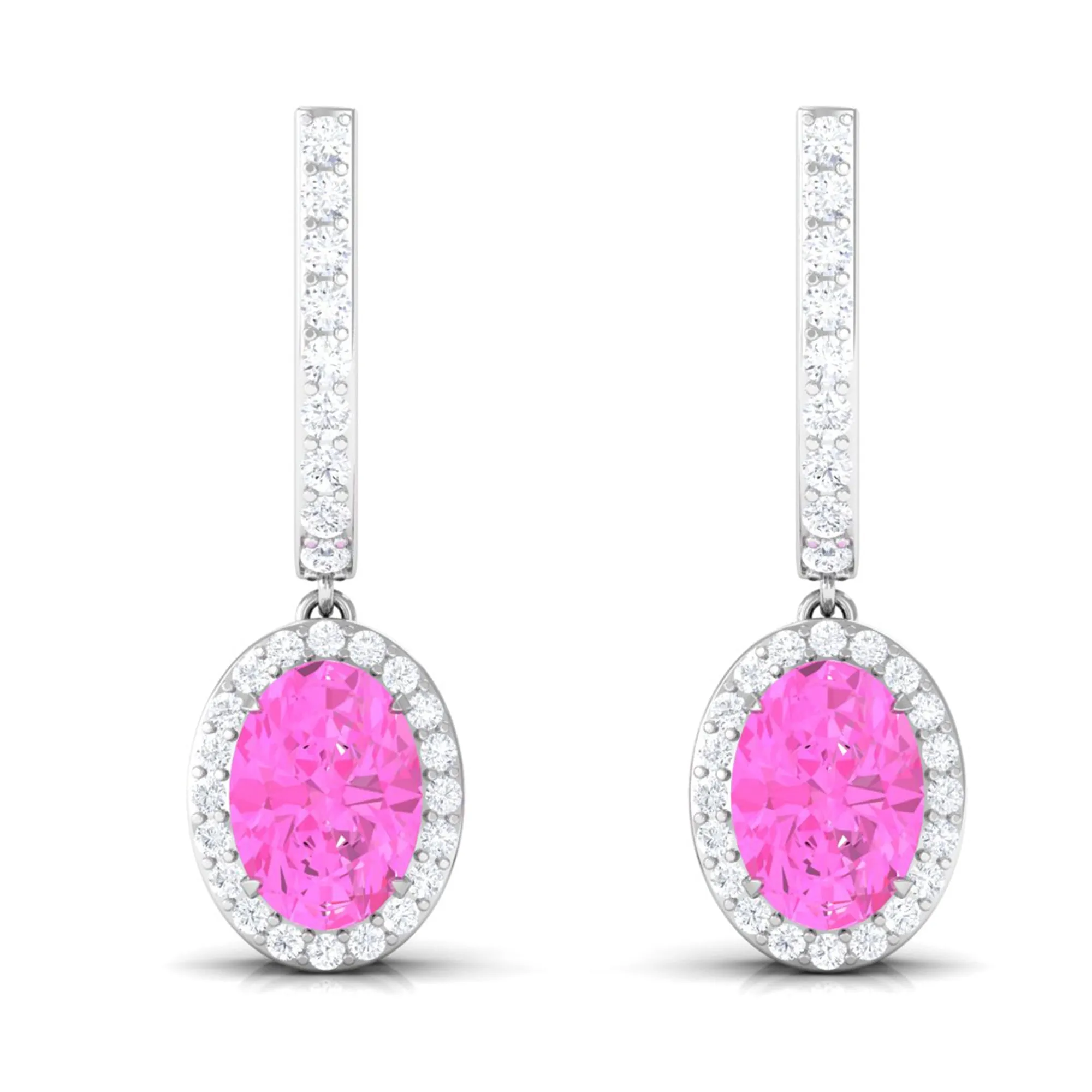 Oval Pink Sapphire and Diamond Hoop Drop Earrings