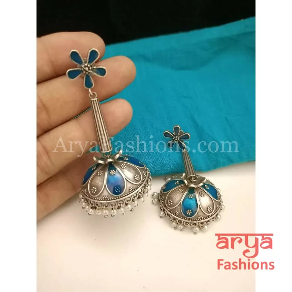 Oxidized Silver Tribal Jhumkas with Colorful Meenakari