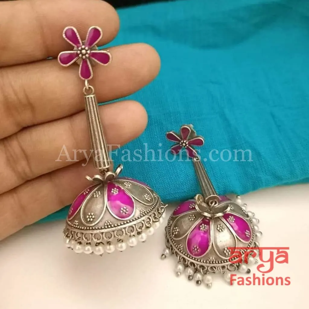 Oxidized Silver Tribal Jhumkas with Colorful Meenakari