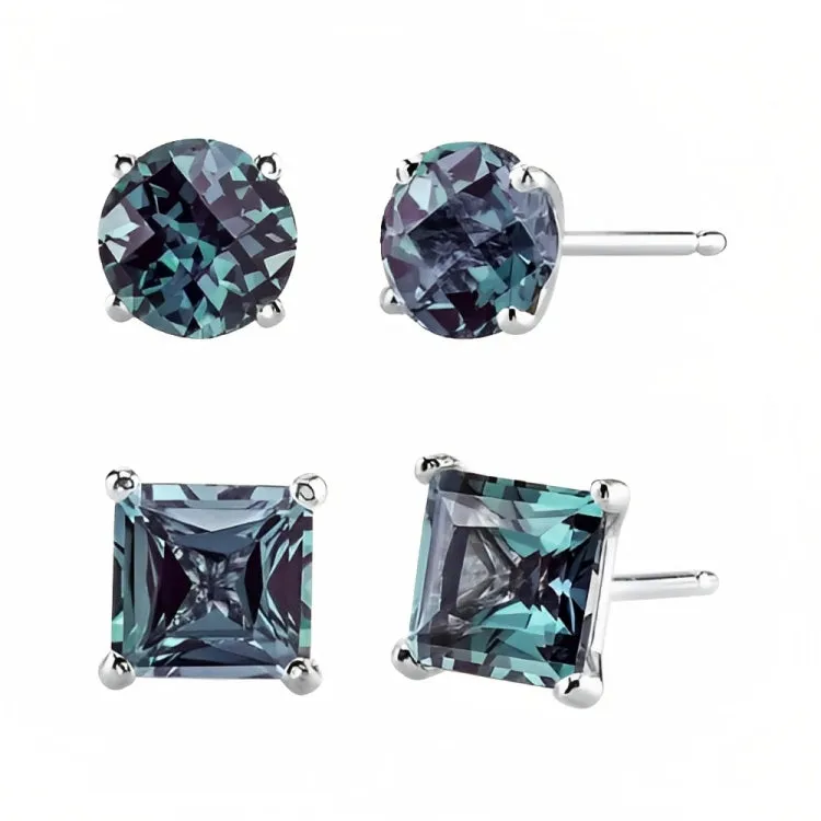 Paris Jewelry 18k White Gold 2 Pair Created Alexandrite 4mm, 6mm Round & Princess Cut Stud Earrings Plated