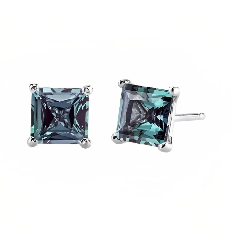 Paris Jewelry 18k White Gold 2 Pair Created Alexandrite 4mm, 6mm Round & Princess Cut Stud Earrings Plated