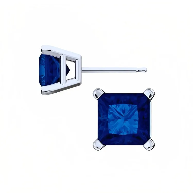 Paris Jewelry 18k White Gold 2 Pair Created Blue Sapphire 6mm Round & Princess Cut Stud Earrings Plated