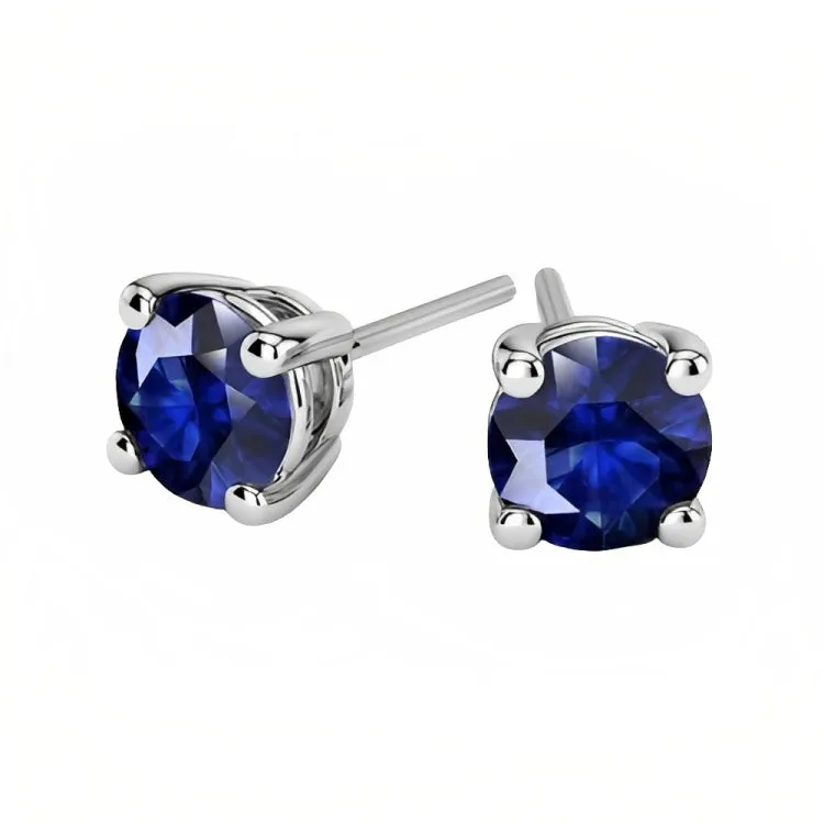 Paris Jewelry 18k White Gold 2 Pair Created Blue Sapphire 6mm Round & Princess Cut Stud Earrings Plated