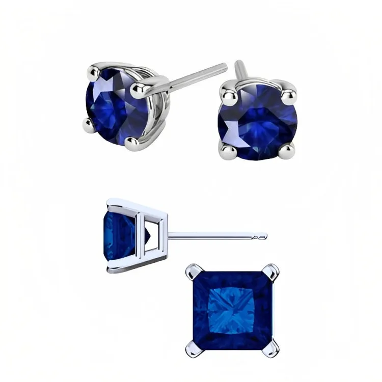 Paris Jewelry 18k White Gold 2 Pair Created Blue Sapphire 6mm Round & Princess Cut Stud Earrings Plated