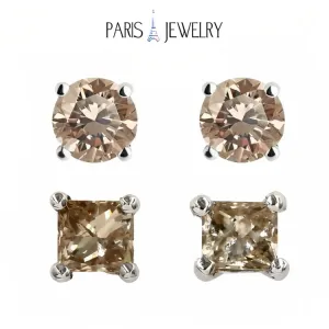 Paris Jewelry 18k White Gold 2 Pair Created Champagne 4mm Round & Princess Cut Stud Earrings Plated