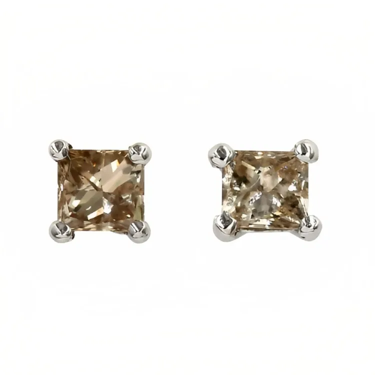 Paris Jewelry 18k White Gold 2 Pair Created Champagne 4mm Round & Princess Cut Stud Earrings Plated