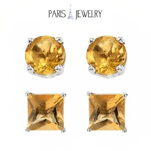 Paris Jewelry 18k White Gold 2 Pair Created Citrine 4mm Round & Princess Cut Stud Earrings Plated