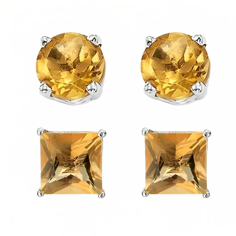 Paris Jewelry 18k White Gold 2 Pair Created Citrine 4mm Round & Princess Cut Stud Earrings Plated