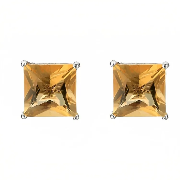 Paris Jewelry 18k White Gold 2 Pair Created Citrine 4mm Round & Princess Cut Stud Earrings Plated