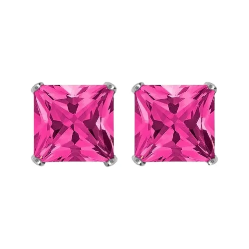 Paris Jewelry 18k White Gold 2 Pair Created Pink Sapphire 6mm Round & Princess Cut Stud Earrings Plated