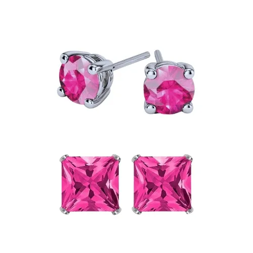 Paris Jewelry 18k White Gold 2 Pair Created Pink Sapphire 6mm Round & Princess Cut Stud Earrings Plated